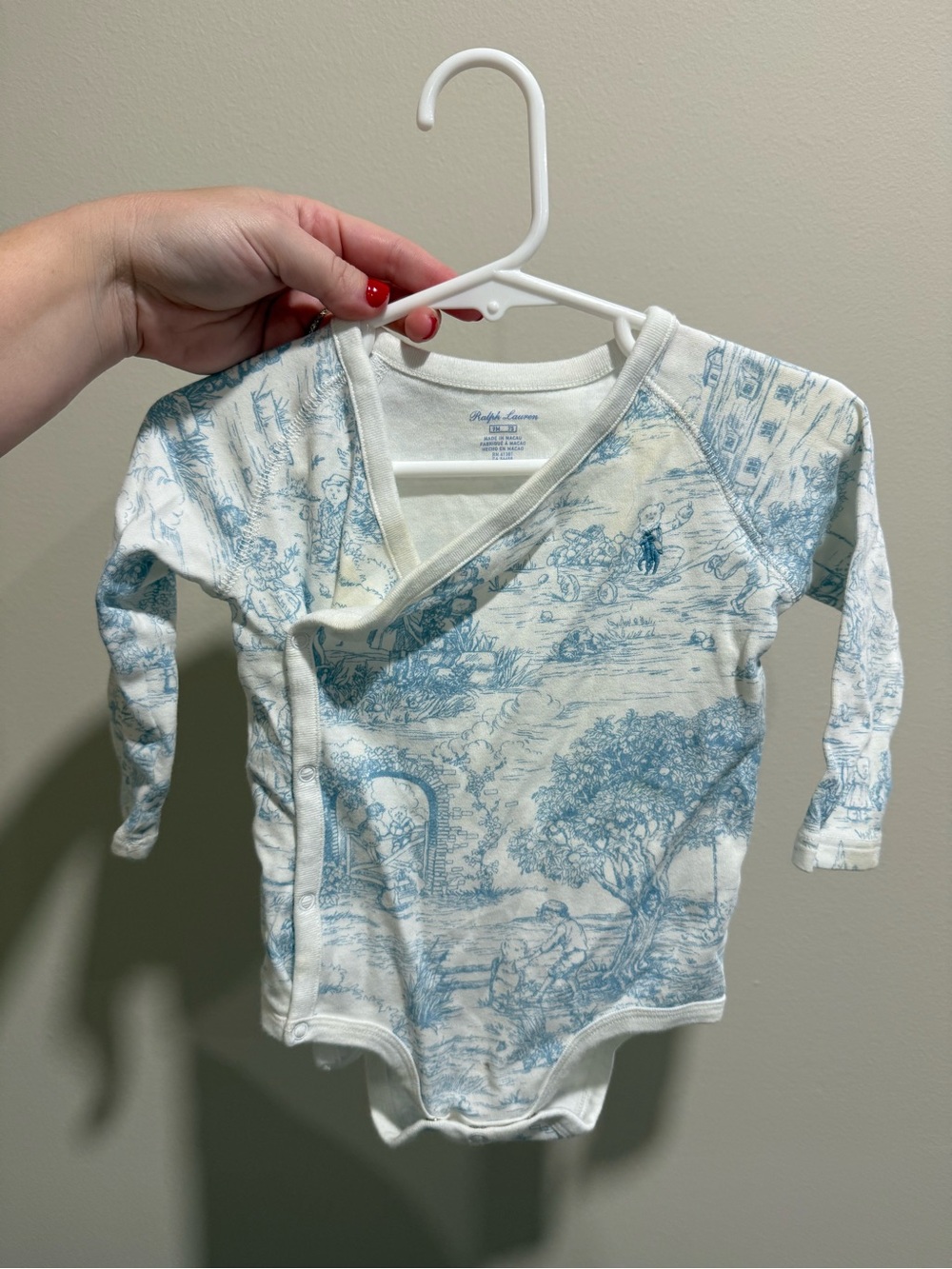 Ralph Lauren Baby Girl 9M Blue Polo Bear Toile Wrap Bodysuit One Piece